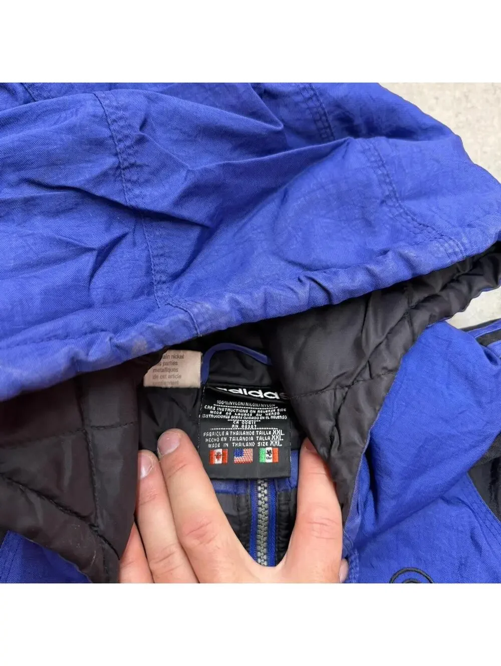 vintage adidas blue and black zip up puffer jacket size xxl